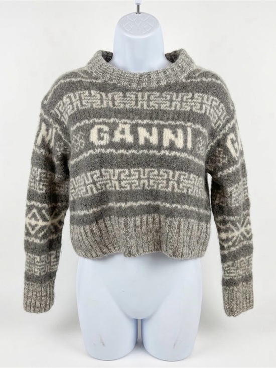 Ganni Sweaters - GANNI Grey Organic Wool Logo Knit Cropped Fair Isle Sweater S